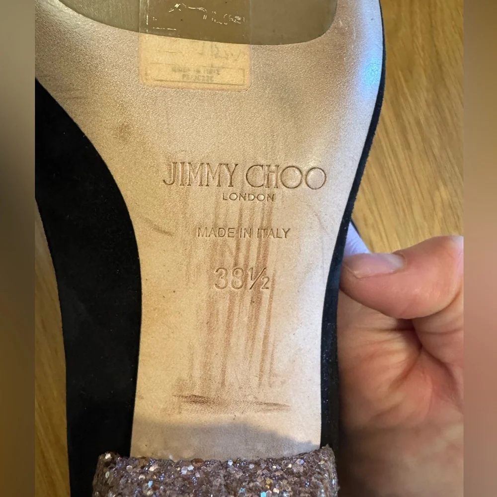 Jimmy Choo Black Suede Ankle Boots with Glitter Heel 38.5 EUC - Picture 10 of 12